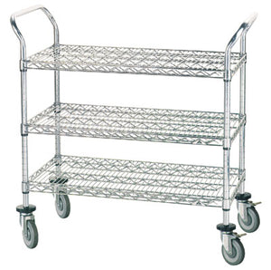 Carro utilitario cromado de 3 repisas 36 x 24 pulg con ruedas de hule