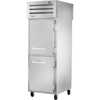 Refrigerador vertical de doble acceso de 27-1/2", 2 puertas frontales y 1 trasera, frente sólido y parte trasera de cristal, medias puertas, batientes