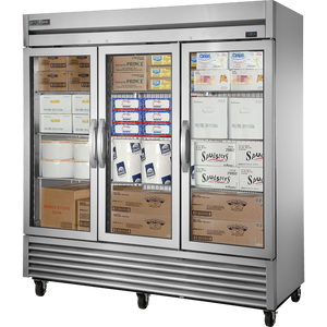 Congelador vertical de 78-1/8", 3 puertas, puertas de cristal, batientes, 9 repisas