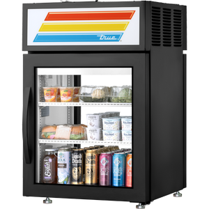 Refrigerador exhibidor de 24", sobre mostrador, doble acceso, 1 puerta frontal y 1 trasera, puertas de cristal, batientes, 2 repisas