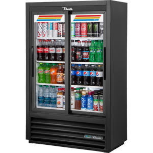 Refrigerador exhibidor de 36", baja altura, profundidad reducida, 2 puertas, puertas de cristal, corredizas, 4 repisas