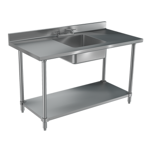 Mesa de trabajo 96" x 30" 4-Series área de producción base abierta calibre 16 acero inoxidable con repisa inferior y tarja al