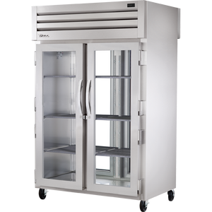 Refrigerador vertical de doble acceso de 52-5/8", 2 puertas frontales y 2 traseras, puertas de cristal, batientes
