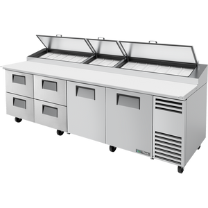 Mesa refrigerada para preparación de pizza de 119-1/4", tapa angular, 2 puertas, 4 cajones, 4 repisas
