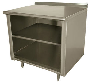 Mesa de trabajo con gabinete abierto y entrepaño medio 36 x 30 pulg acero inoxidable 304 calibre 14 con borde posterior