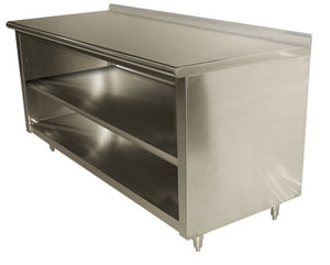Mesa de trabajo con gabinete abierto y entrepaño medio 48 x 30 pulg acero inoxidable 304 calibre 14 con borde posterior