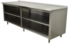 Mesa de trabajo con gabinete abierto y entrepaño medio 144 x 24 pulg acero inoxidable 304 calibre 14 con borde posterior