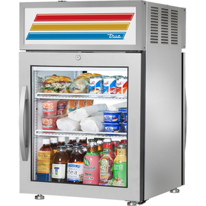 Refrigerador exhibidor de 24", sobre mostrador, doble acceso, acero inoxidable, 1 puerta frontal y 1 trasera, puertas de cristal, batientes, 2 repisas