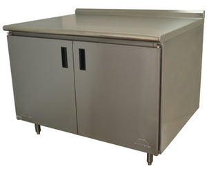 Mesa de trabajo de acero inoxidable con base gabinete, repisa intermedia y puertas abatibles con borde trasero 48 x 24 pulg