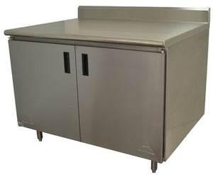 Mesa de trabajo 48 pulg ancho x 30 pulg fondo acero inoxidable 304 calibre 14 con respaldo con gabinete y puertas abatibles