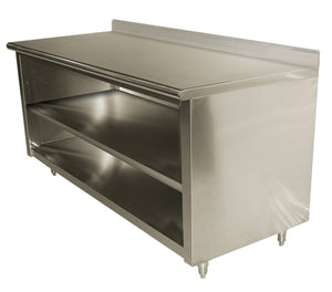 Mesa de trabajo con gabinete abierto y entrepaño medio 60 x 24 pulg acero inoxidable 304 calibre 16 con respaldo