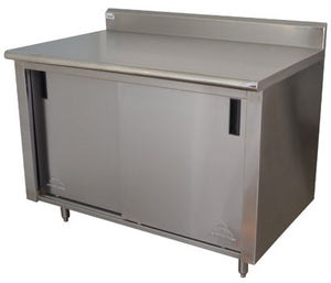 Mesa de trabajo con gabinete y puertas corredizas 72 x 24 pulg acero inoxidable 304 calibre 16 con respaldo
