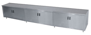 Mesa de trabajo de acero inoxidable con base gabinete, repisa intermedia y puertas abatibles 144 x 30 pulg