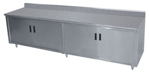Mesa de trabajo 72 pulg ancho x 30 pulg fondo acero inoxidable 304 calibre 14 con respaldo con gabinete y puertas abatibles