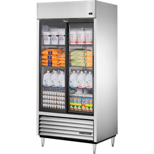 Refrigerador vertical de 39-1/2", 2 puertas, puertas de cristal, corredizas, iluminación LED