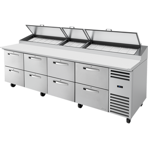 Mesa refrigerada para preparación de pizza de 119-1/4", tapa angular, 8 cajones, 15 insertos, Spec Package 3