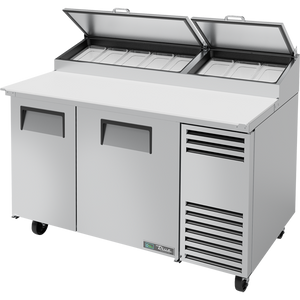 Mesa refrigerada para preparación de pizza de 60-1/4", tapa angular, 2 puertas, 4 repisas