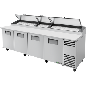 Mesa refrigerada para preparación de pizza de 119-1/4", tapa angular, 4 puertas, 8 repisas, 15 insertos
