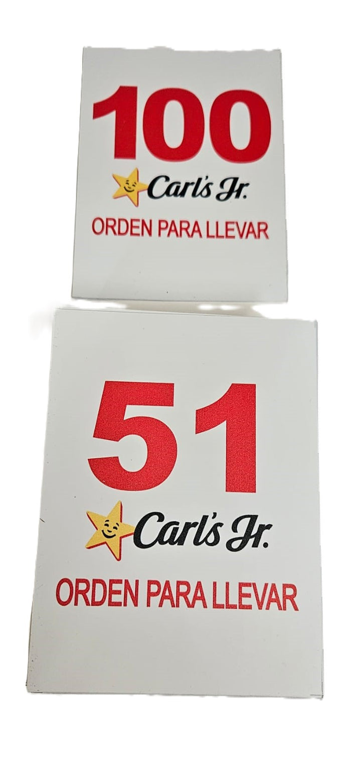 Tarjeta orden para llevar en estireno cal. 40 12x16cm número rojo 51-100