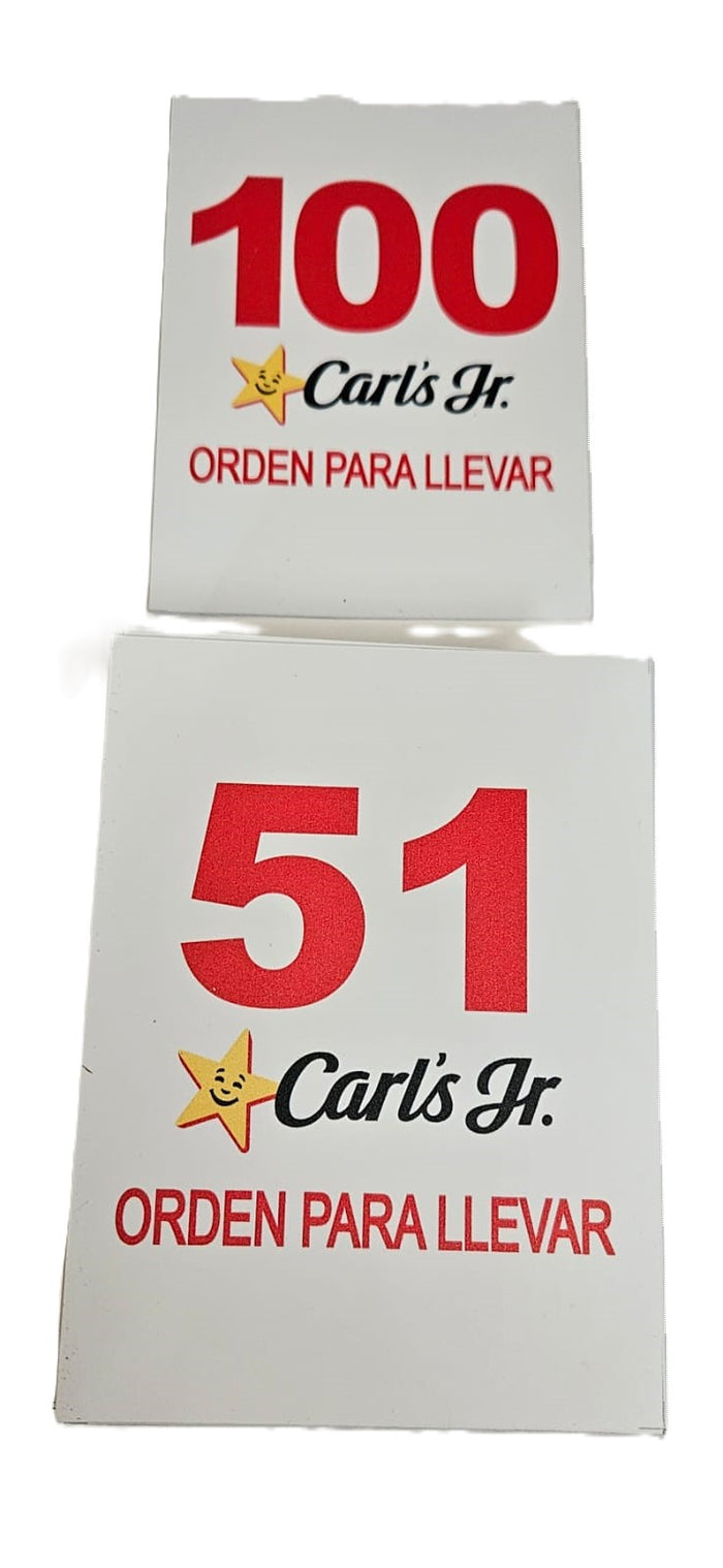 Tarjeta orden para llevar en estireno cal. 40 12x16cm número rojo 51-100