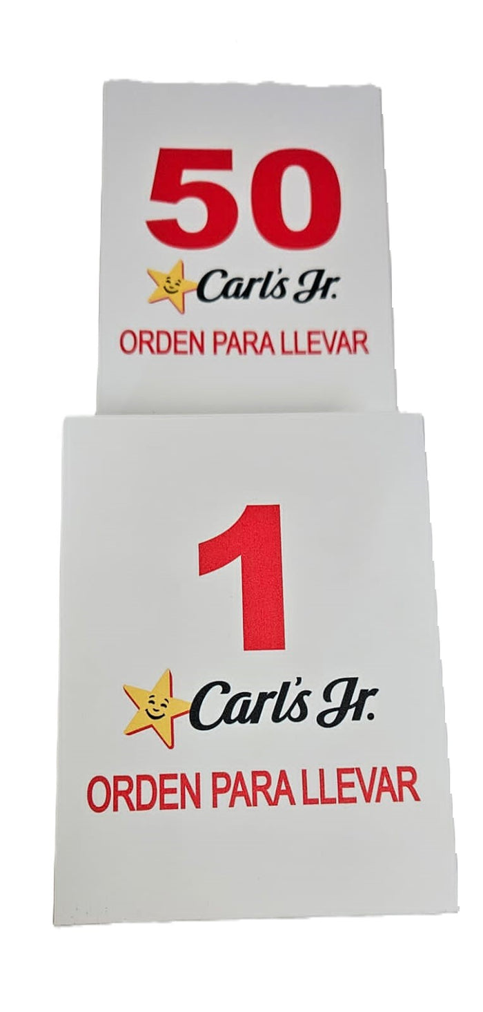 Tarjeta orden para llevar en estireno cal. 40  12x16cm número rojo 1 - 50