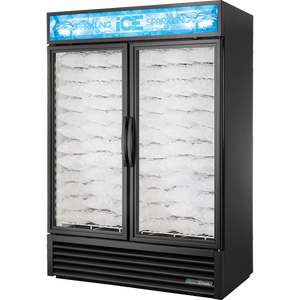 Congelador exhibidor para hielo de 54-1/8", 2 puertas, puertas de cristal, batientes, 2 racks de piso
