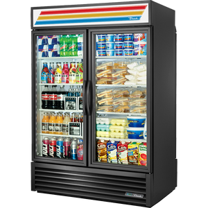 Refrigerador exhibidor de 54-1/8", carga trasera, 2 puertas frontales y 2 traseras, puertas de cristal, batientes, 8 repisas