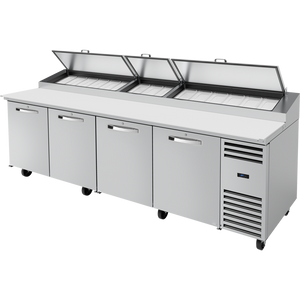 Mesa refrigerada para preparación de pizza de 119-1/4", tapa angular, 4 puertas, 8 repisas, 15 insertos, Spec Package 3