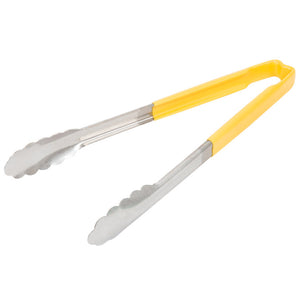 12" acero inoxidable de una pieza scalloped pinzas con amarillo Kool-Touch® mango