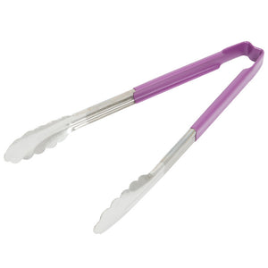 12" acero inoxidable de una pieza scalloped pinzas con morado Kool-Touch® mango
