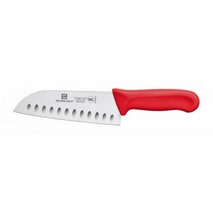 Cuchillo Santoku con hoja de 7", alveolado, mango de polipropileno rojo, acero alemán, NSF