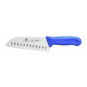 Cuchillo Santoku con hoja de 7", alveolado, mango de polipropileno azul, acero alemán, NSF