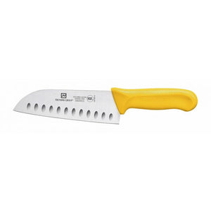 Cuchillo Santoku con hoja de 7", alveolado, mango de polipropileno amarillo, acero alemán, NSF