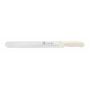 Cuchillo rebanador con hoja de 12", alveolado, mango de polipropileno blanco, acero alemán, NSF