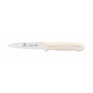 Cuchillo mondador con hoja de 3-1/2", serrado, mango de polipropileno blanco, acero alemán, paquete con 2 piezas, NSF