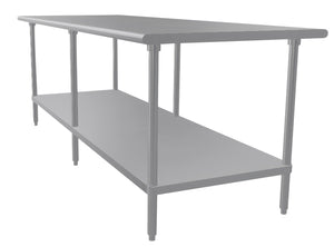 Mesa de trabajo 96 x 36 pulg cubierta de acero inoxidable 304 calibre 14 con entrepaño ajustable