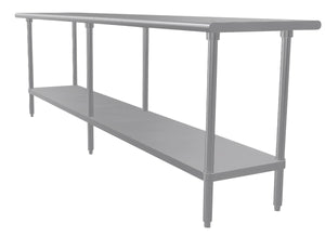 Mesa de trabajo 108 x 24 pulg cubierta de acero inoxidable 304 calibre 14 con entrepaño ajustable