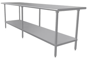 Mesa de trabajo 108 x 30 pulg cubierta de acero inoxidable 304 calibre 14 con entrepaño ajustable