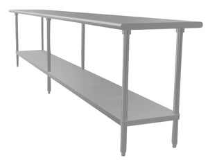 Mesa de trabajo 144 x 24 pulg cubierta de acero inoxidable 304 calibre 14 con entrepaño ajustable