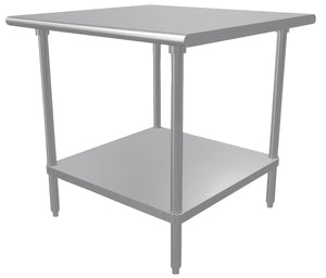 Mesa de trabajo 36 x 36 pulg cubierta de acero inoxidable 304 calibre 14 con entrepaño ajustable
