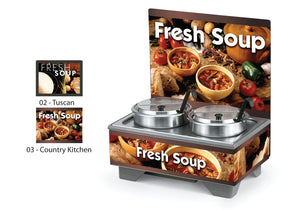 Exhibidor para sopa 120 V entero con tablero de menú y Country Kitchen gráficos