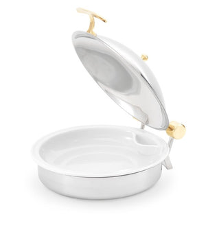 Chafer 6 qt Intrigue® redondo acero inoxidable de inducción con latón trim y porcelain inserto para alimentos
