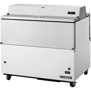 Refrigerador para leche de 49", 4 puertas, 12 cajas, 3 racks de piso, puertas sólidas, doble acceso, exterior blanco y acero inoxidable, interior de acero inoxidable