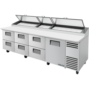Mesa refrigerada para preparación de pizza de 119-1/4", tapa angular, 1 puerta, 6 cajones, 2 repisas