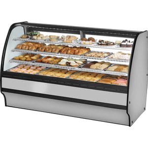 Vitrina de exhibición con cristal curvo de 77-1/4", con frente fijo, laterales sólidos, exterior de acero inoxidable e interior blanco