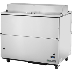 Refrigerador para leche de 49", 4 puertas, 12 cajas, 3 racks de piso, puertas sólidas, doble acceso, exterior blanco y acero inoxidable, interior de aluminio