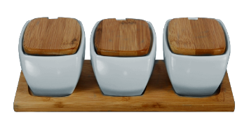 JGO DE 3 BOWLS RECT. C/TAPA Y BASE DE MADERA  27X10X8 CM  Complementos