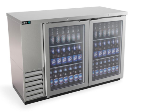 REFRIGERADOR DE CONTRA BARRA EN A.I. - 2 PUERTAS DE CRISTAL - CERRADURAS EN PUERTAS - LUZ INT. - SLIM LINE ABBC-24-48-SG