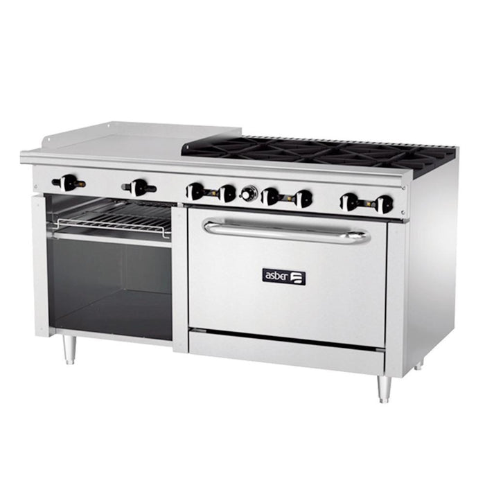 6 FUEGOS ABIERTOS + PLANCHA 24" + GRATINADOR + HORNO 36"  AEMR-G24-B6-60-H