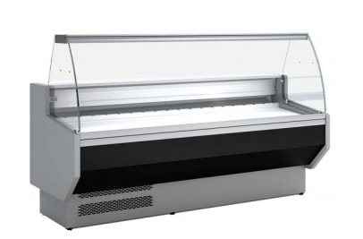 VITRINA EXPOSITORA REFRIGERADA PARA CARNICERIAS Y CREMERIAS - RESERVA NEUTRA - FONDO 800 - CRISTAL CURVO  AVED-8-10-C